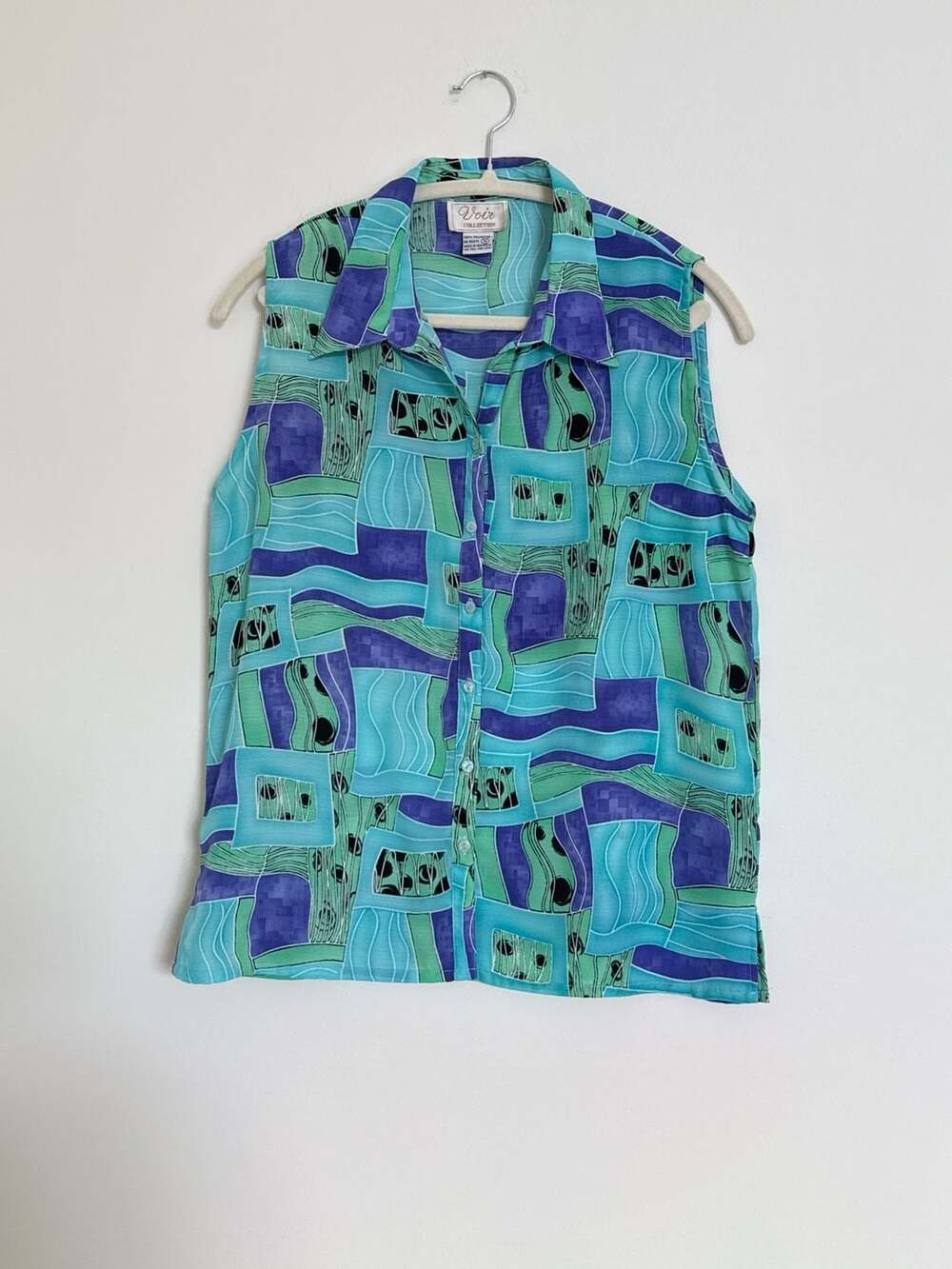 Voir Collection sz M Sleeveless Button-Down Shirt Blue Geometric Abstract